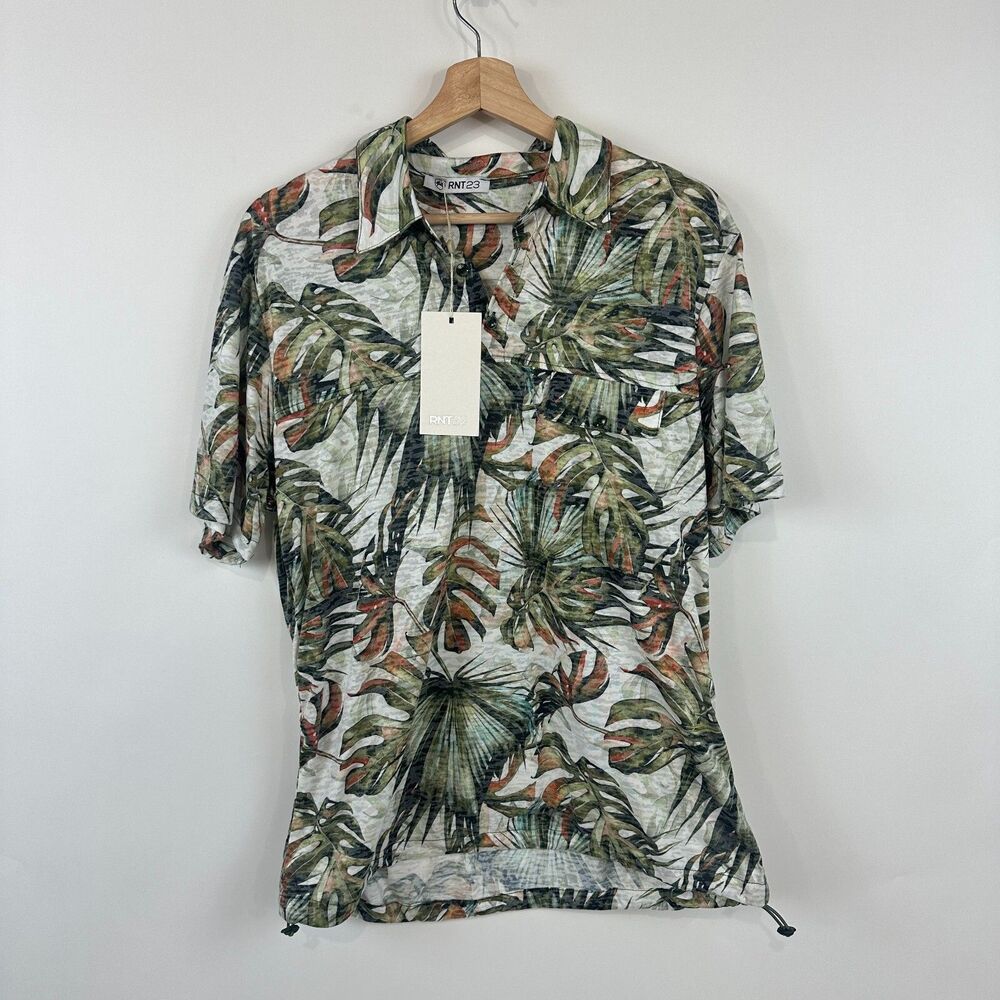 RNT23 Polo Shirt Men's L Tropical Print Short Sleeve Adjustable Hem NWT Hawaii